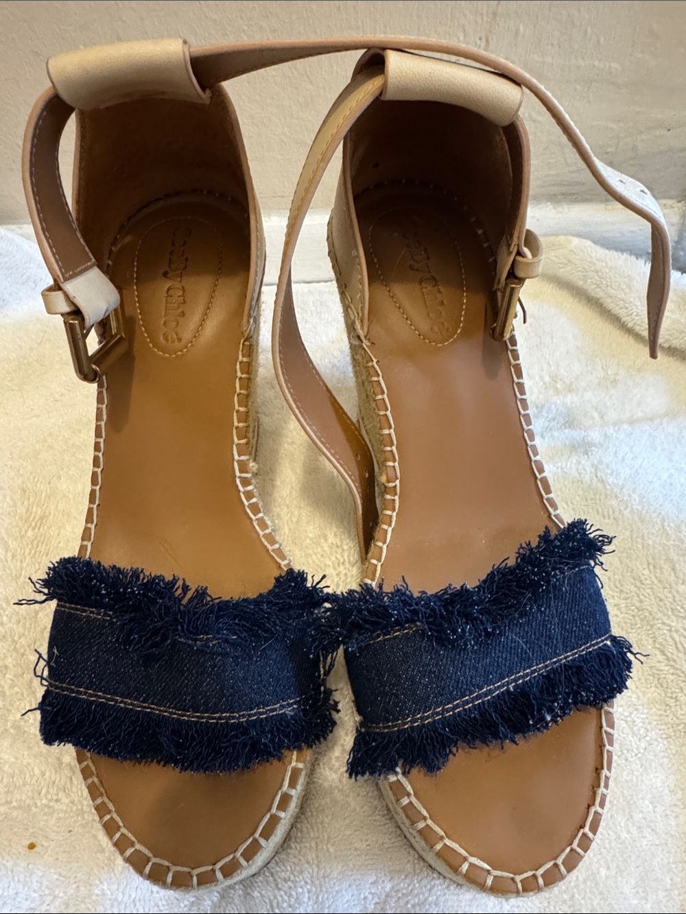 See By Chloe Navy Denim Fringe Espadrille Wedge Sandals Very Cute!